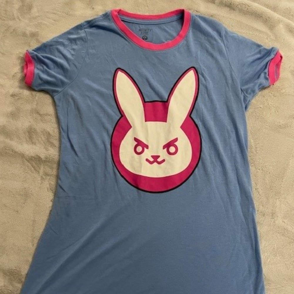 Mighty Fine Overwatch DVA blue pink ringer short sleeve tee